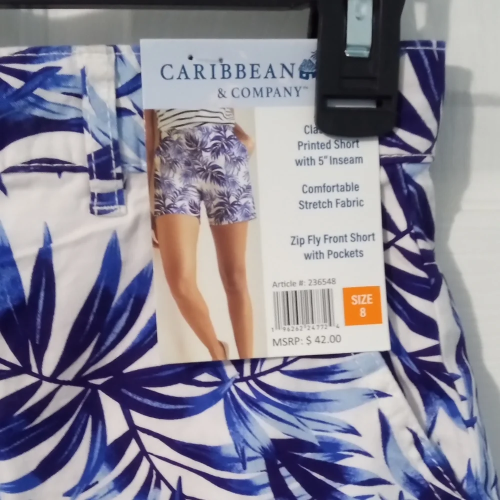 Caribbean Joe Blue and White Leaf Print Women's High Waist Shorts